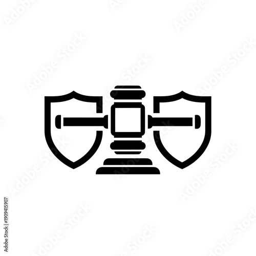 Black silhouette of a gavel between two shield emblems on a white background