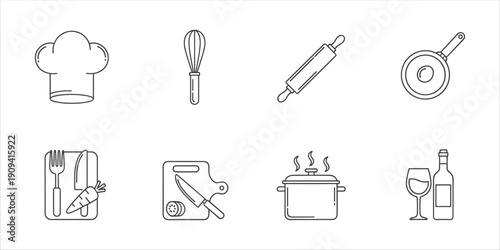 Collection of kitchen utensil icons in a clean, modern line art style