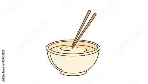 A cartoon bowl of soup with chopsticks resting inside. Simple drawing on white background