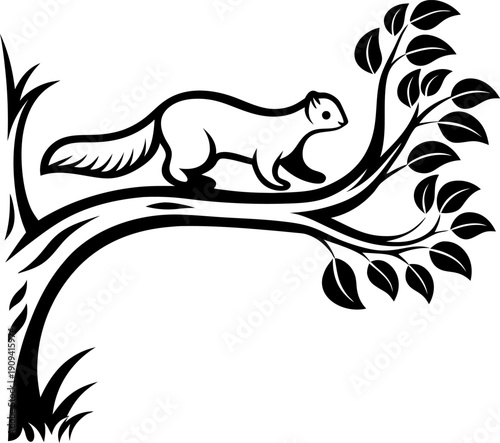 Squirrel on tree branch with leaves in black and white silhouette