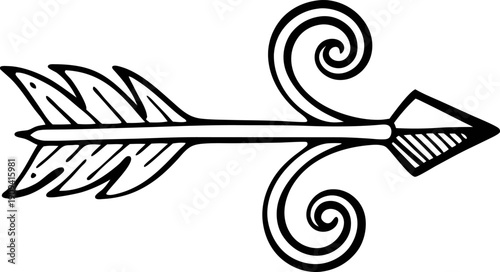 Decorative hand drawn arrow with curling barbs and detailed feather fletching in black ink design