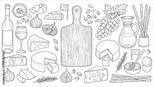 Cheese and Wine Doodle Vector Set – Hand-Drawn Gouda, Cheddar, Honey, Nuts, and Herbs for Charcuterie and Appetizers.