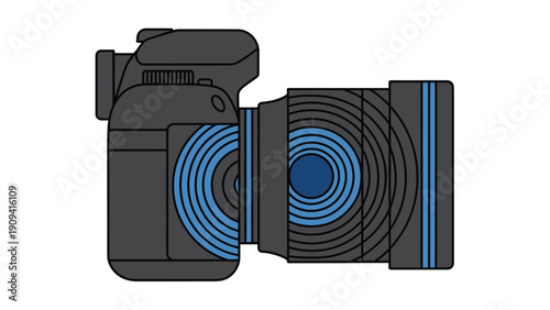 Simplified vector graphic of a DSLR camera with attached lens, side view, on white