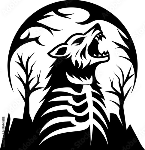 howling wolf with skeletal ribcage under full moon in dark eerie forest at night