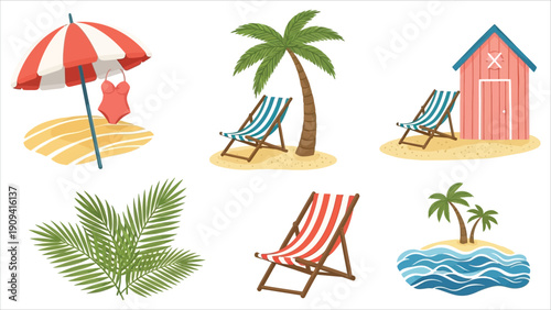 Colorful Beach Elements Vector Collection – Umbrellas, Chairs, and Palm Trees.