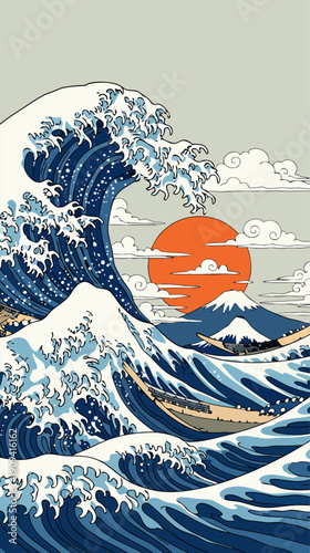 Vibrant vector illustration of a massive wave crashing against the shore with a serene mountain landscape, ocean scene, vector art, 75.eps reference