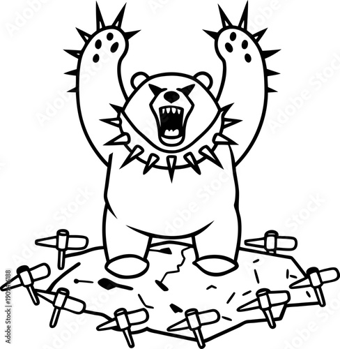 Fierce bear standing on cracked ground surrounded by landmines with raised clawed paws and sharp spikes