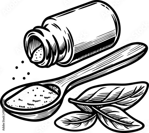 Herbal powder and leaves with wooden spoon, natural medicine and organic health remedy illustration