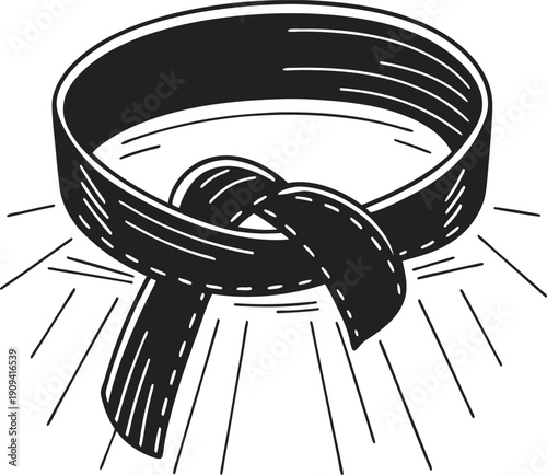 Black belt martial arts symbol with rays of light, representing achievement, strength, discipline, and mastery