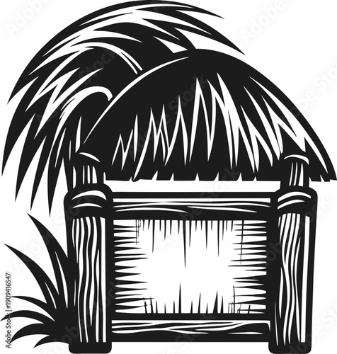 Tiki hut sign with palm leaves and wooden frame tropical beach illustration, island decoration and resort signboard design