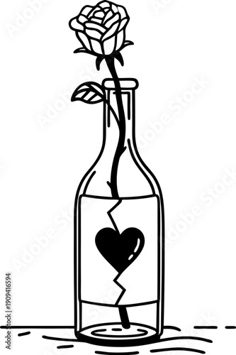 Black and white illustration of a rose in a bottle with a cracked heart inside symbolizing love and heartbreak