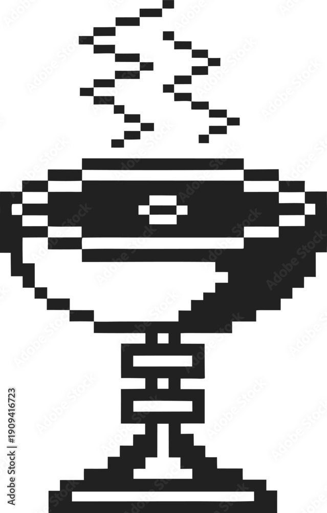 Fototapeta premium Pixel art chalice with steam rising, retro computer graphics style, vintage digital cup illustration