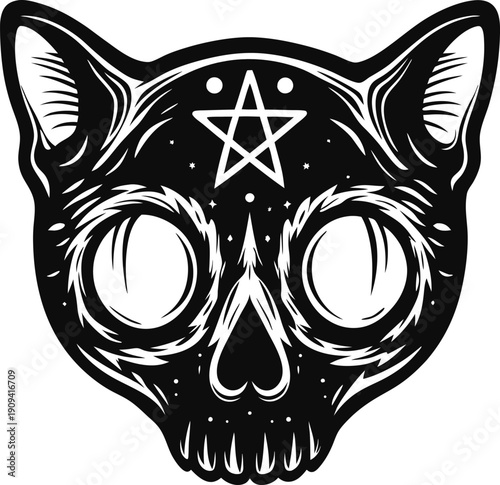 Mystical black cat skull illustration with pentagram and stars, occult symbol, gothic dark art design, supernatural and mysterious theme