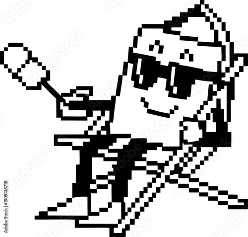 Pixel art character relaxing on a lounge chair wearing sunglasses and holding a drink with a straw