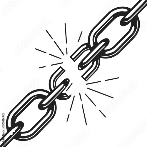 Breaking chain link concept of strength failure, disconnection, freedom and release from bonds and limitations