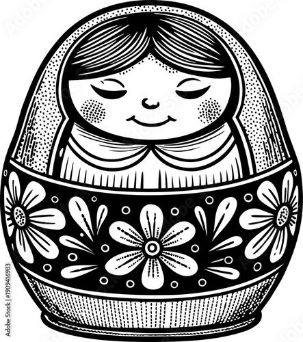 Traditional russian matryoshka doll with floral patterns in black and white vintage nesting doll illustration with decorative folk art design