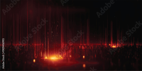 Wallpaper Mural Abstract red digital landscape with glowing vertical lines and scattered particles, creating a sense of futuristic data flow or deep space energy Torontodigital.ca