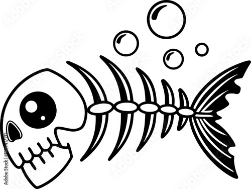 fish skeleton with skull head and bubbles, marine underwater concept illustration