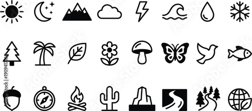 A comprehensive collection of diverse nature and weather outline icons for various design projects