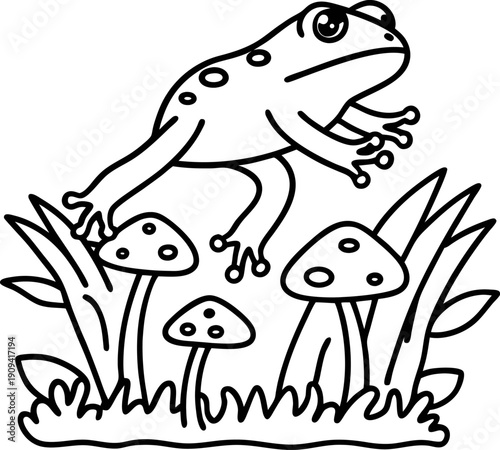 frog jumping over grass and mushrooms outline drawing of amphibian in natural habitat with plants and fungi