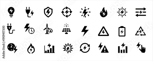 Collection of electricity and energy icons, including power sources and warnings