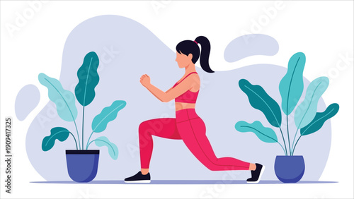  Woman Exercising in Pink Athletic Wear – Lunging Workout Indoors with Indoor Plants.