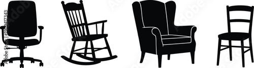 Collection of chair silhouettes featuring office swivel chair, wooden rocking chair, upholstered armchair and simple dining chair isolated