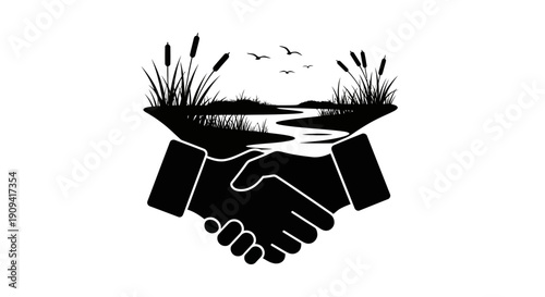 Environmental protection concept with handshake and natural landscape illustration.