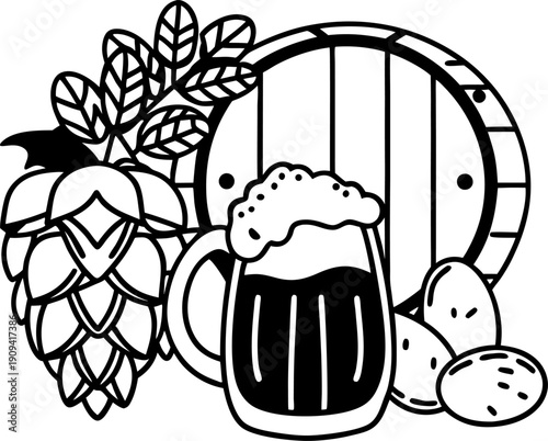 Beer mug with foam, hops, potatoes and wooden barrel illustration for brewing and craft beer concepts