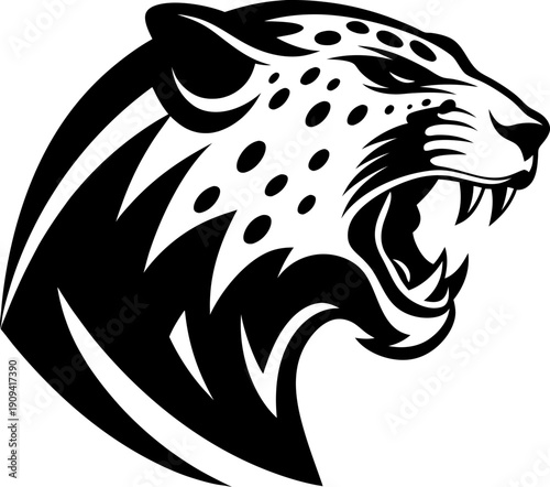 Roaring leopard head illustration fierce wild cat with open mouth and sharp teeth