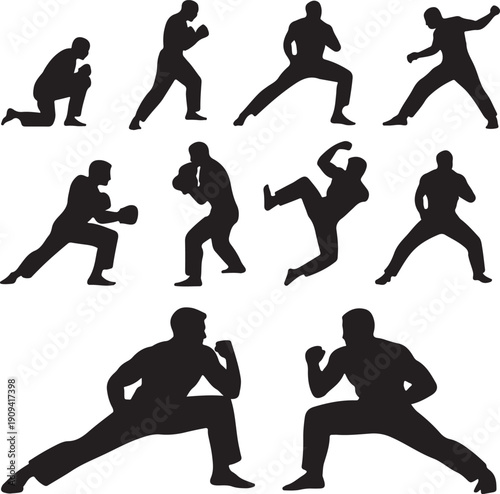 Silhouettes of men in various boxing and martial arts fighting poses