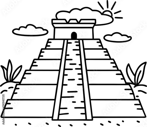 Ancient stepped pyramid with staircase, sun and clouds in simple black and white line art