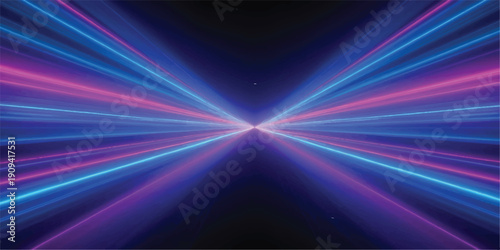 Symmetrical perspective of vibrant blue and magenta light trails moving fast into the distance on a black background