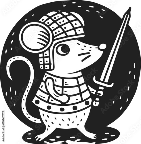 illustration of a brave mouse warrior wearing armor and helmet holding a sword, standing ready for battle