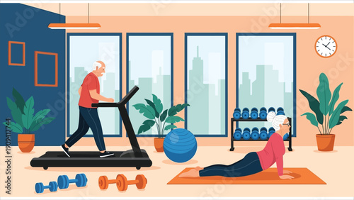Active Senior Couple Exercising Together in Modern Gym – Healthy Lifestyle with City View