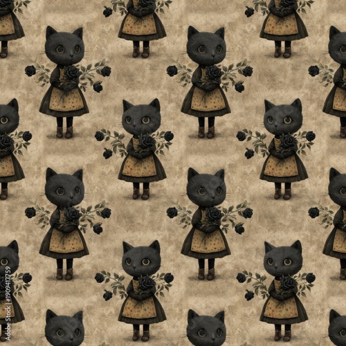 Seamless gothic black cat holding dark roses vintage illustration pattern