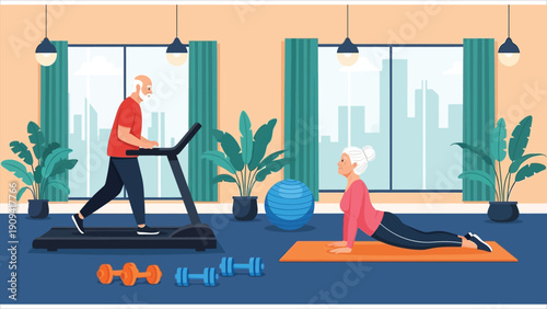 Active Senior Couple Exercising Together in Modern Gym – Healthy Lifestyle with City View