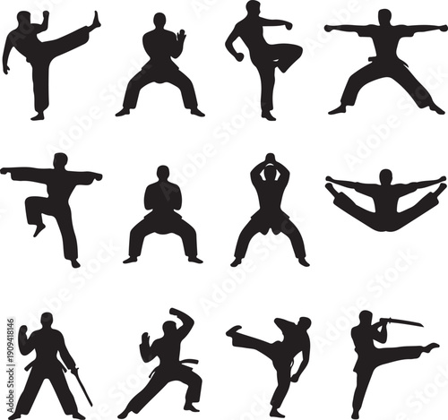 Silhouettes of people performing various martial arts poses and movements