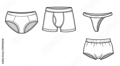Underwear Fashion Flat Sketches: Briefs, Boxer Briefs, Thong, and Boy Shorts