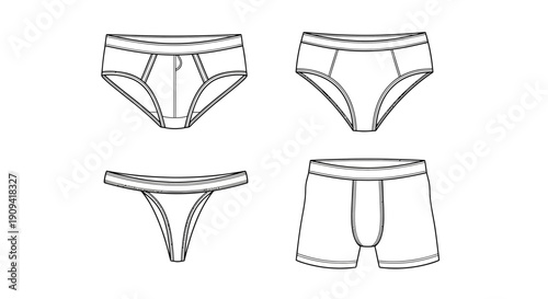 Underwear Fashion Flat Sketches: Briefs, Thong, Boxer Briefs - Vector Illustration