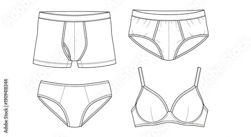 Underwear flat lay: boxers, briefs, and bra. Fashion illustration.