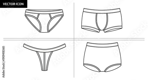 Underwear Fashion Flat Sketches: Briefs, Boxer Briefs, Thong, and Panty