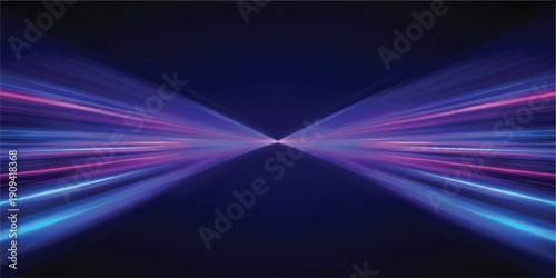 Tableau sur toile Dynamic perspective of bright blue and pink light streaks converging towards a c