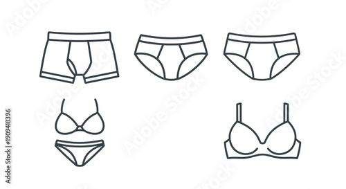 Underwear Icons Set: Boxer Briefs, Briefs, Bikini, Bra - Line Art Collection