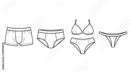 Underwear Set Collection: Boxer Briefs, Briefs, Bra, Thong - Line Art Fashion Sketch