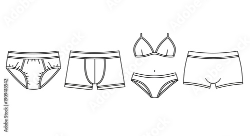 Underwear Set: Briefs, Boxer Briefs, Bikini, and Boxer Shorts - Line Art