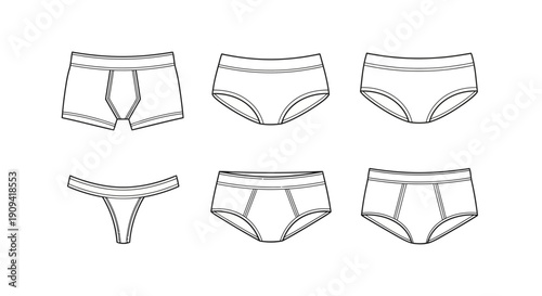 Underwear Types Collection: Boxer Briefs, Briefs, Thong, Hipster - Fashion Line Art