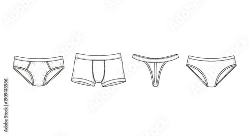 Underwear Types Collection: Briefs, Boxer Briefs, Thong, Panties - Line Art