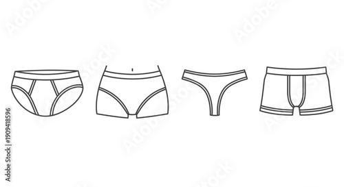Underwear Types Line Art Icons: Briefs, Hipsters, Thong, Boxer Briefs