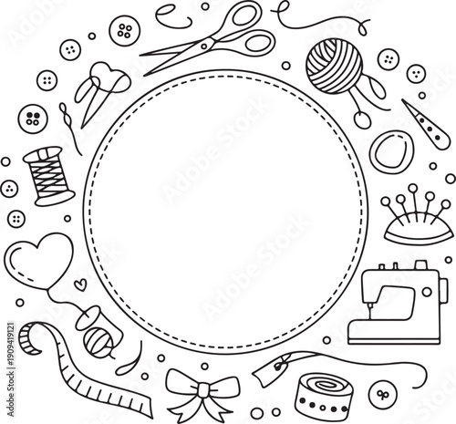 Circular frame with various hand drawn sewing and tailoring tools on white